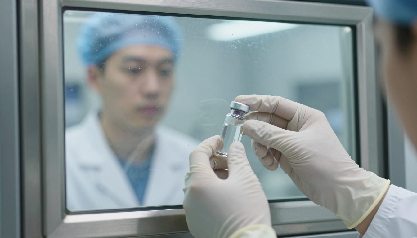 Gloved hands inside a steel laboratory glovebox handling a sealed glass vial