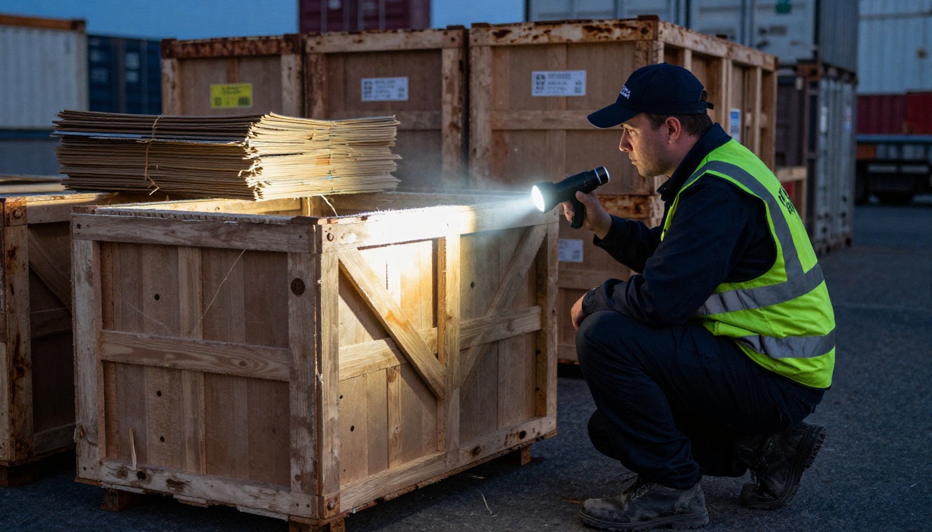 A customs officer inspecting an opened wooden crate with a flashlight at a port inspection bay