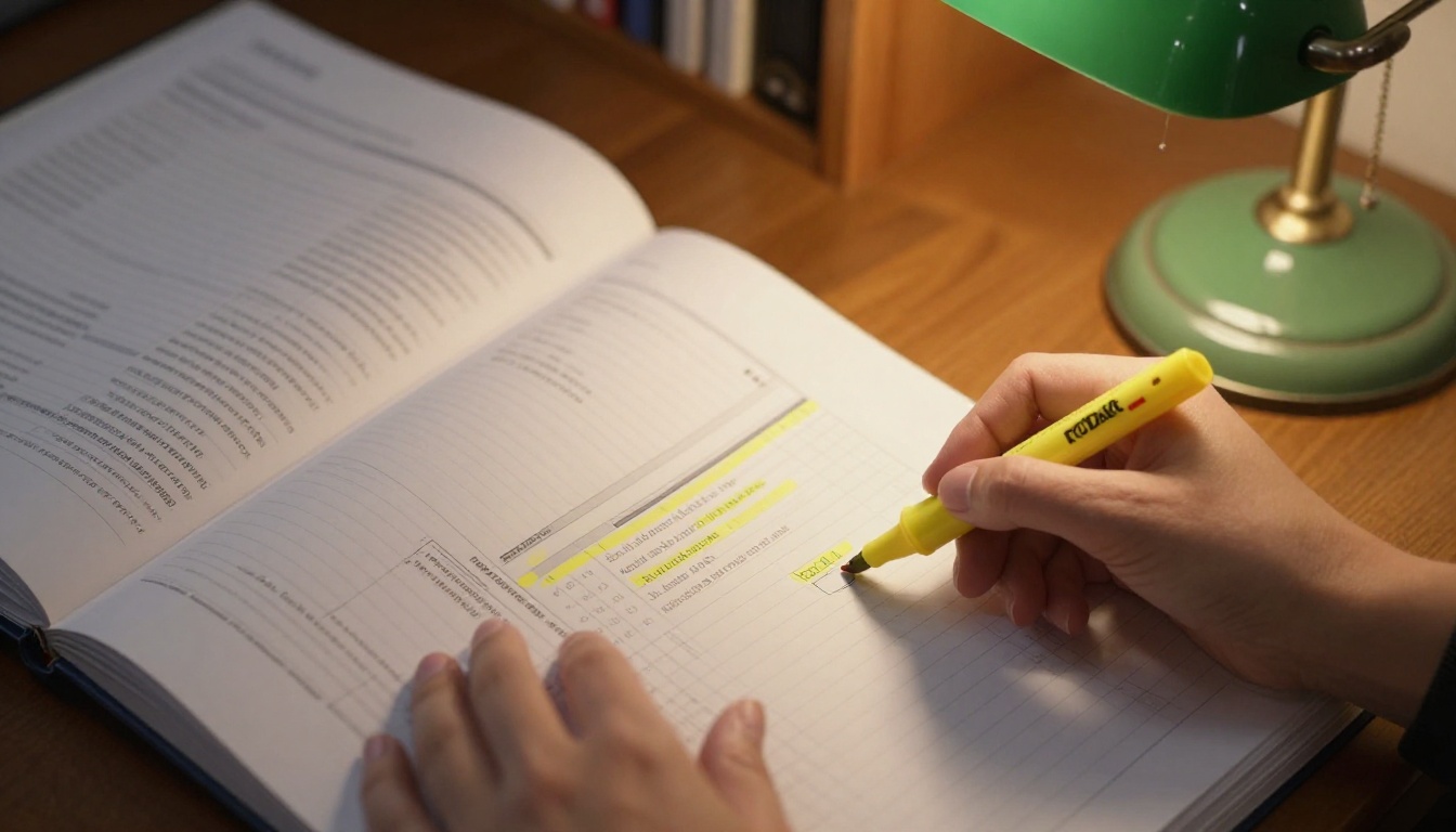 A hand holding a yellow highlighter over a thick printed audit log binder under a green banker's lamp