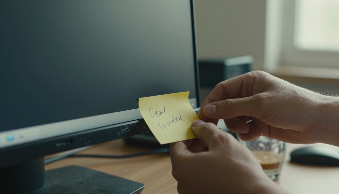A hand pulling a handwritten sticky note off the edge of a monitor in a cluttered home office