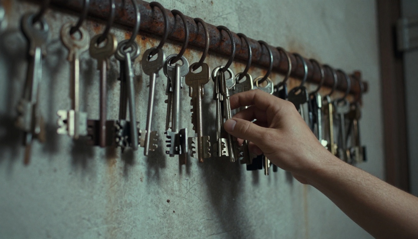 Overloaded steel ring holding dozens of mismatched metal tags on a rusted hook in a concrete corridor