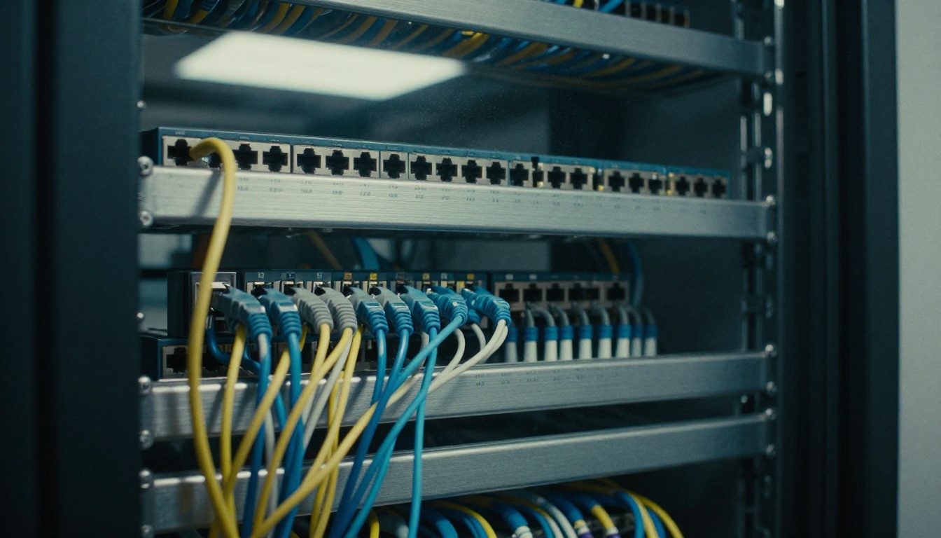 A wall of network patch cables plugged into a rack panel, some tidy and some tangled