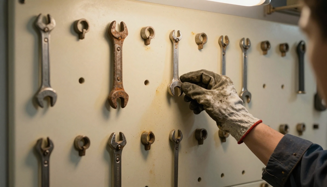A gloved hand hesitating before a rusted counterfeit wrench hanging among clean tools on a workshop pegboard