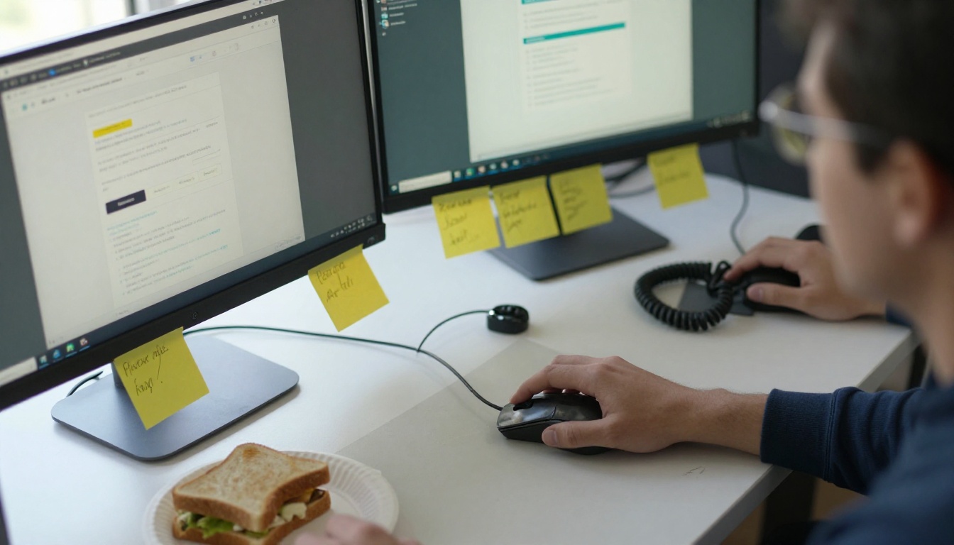 A tester's desk with two monitors, sticky notes and a hand on a mouse