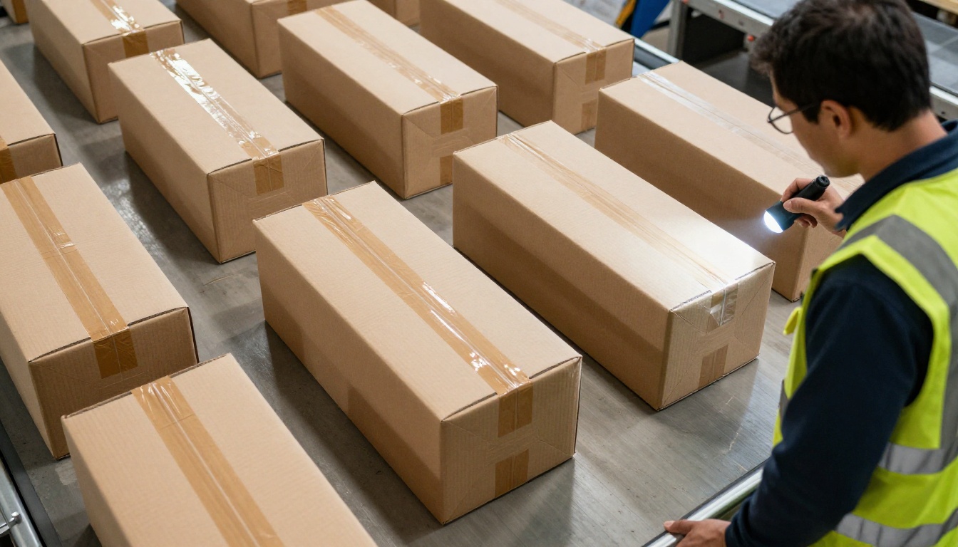 Aerial view of a conveyor belt of identical parcels with one resealed box being inspected by a worker with a flashlight
