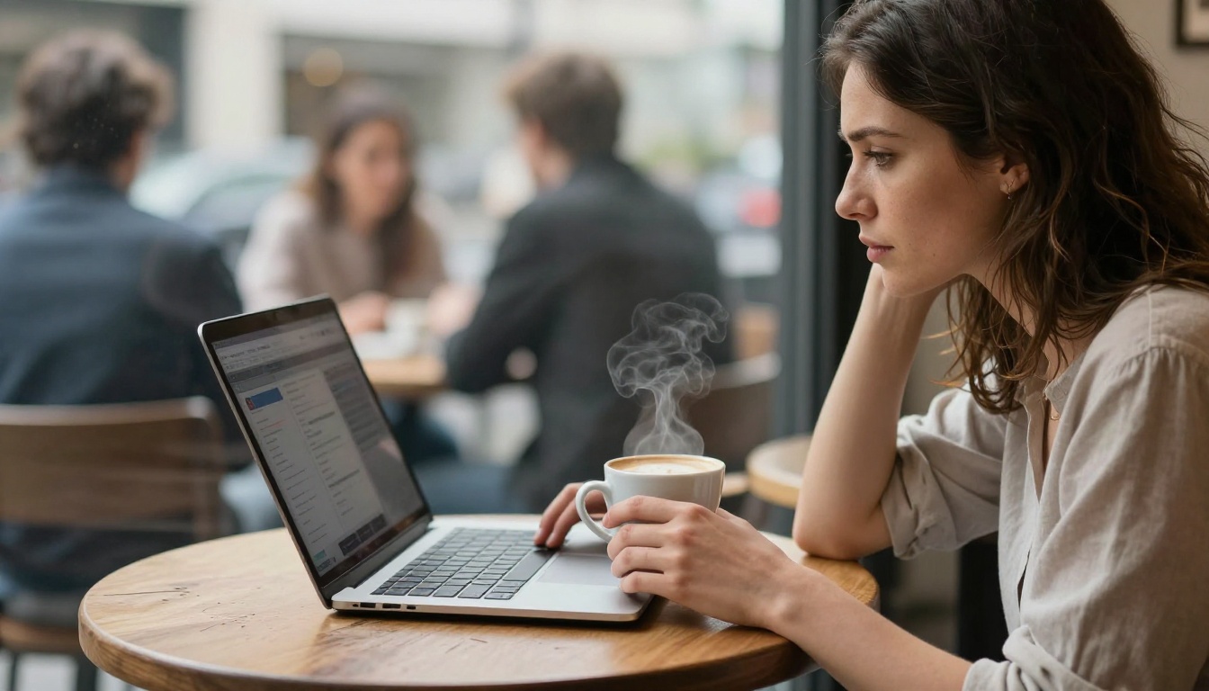 A woman working on a laptop at a cafe window table with a latte