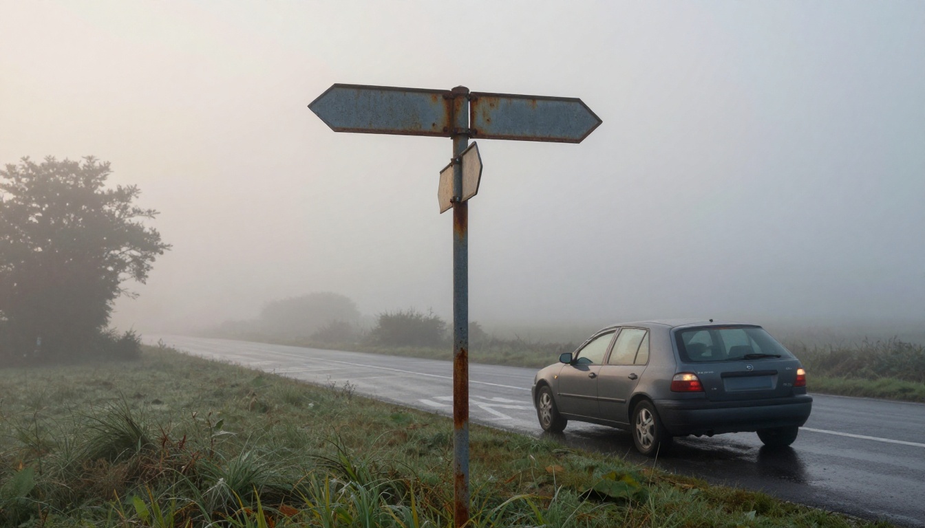 A foggy rural crossroads with a twisted signpost pointing in contradictory directions and a lone car waiting