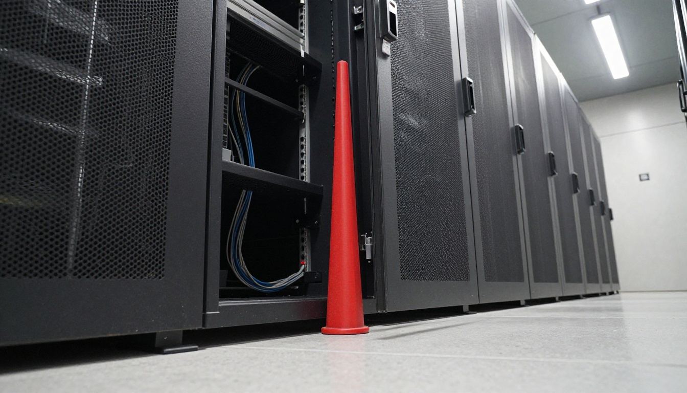 A steel server room door propped open with a red rubber wedge beside a dark badge reader