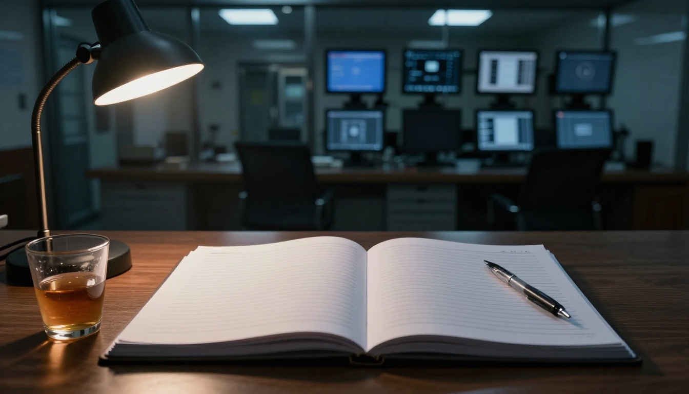An empty night-shift security desk with a blank logbook and switched-off monitors