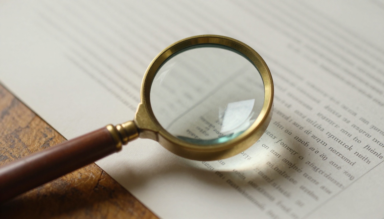 A brass magnifying glass resting on a printed page of tiny grey print