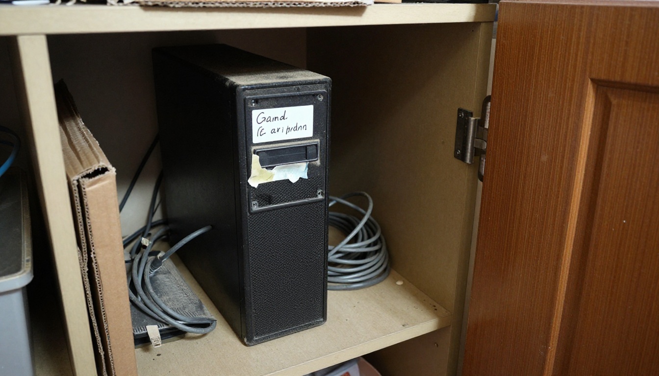 A forgotten server tower and router hidden under a desk in a cluttered supply closet