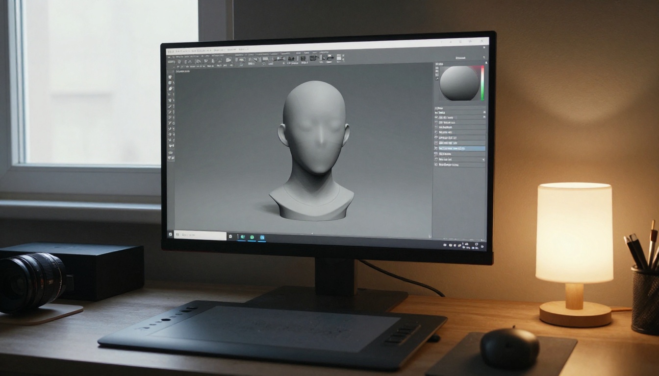 A 3D artist's workstation with a grey sculpted bust on the monitor and a graphics tablet