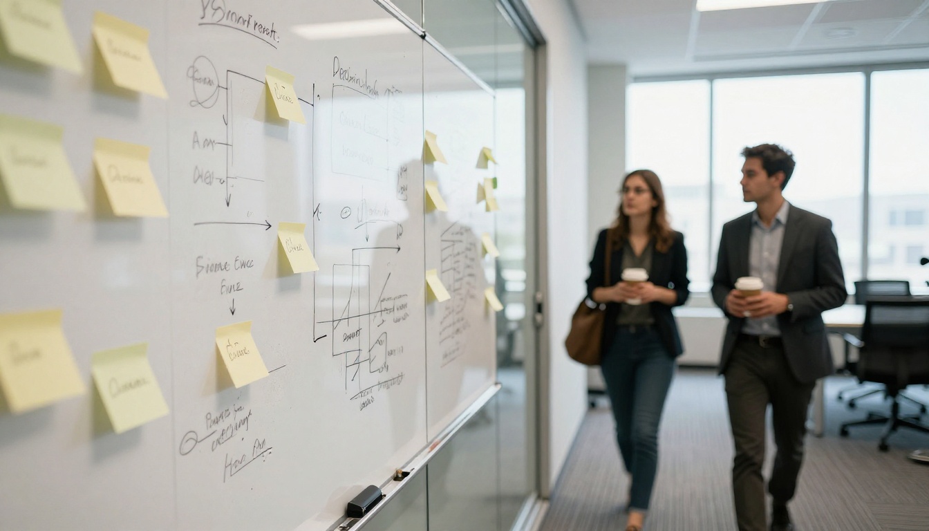 A glass-walled meeting room with a crowded whiteboard visible from the corridor as colleagues walk past