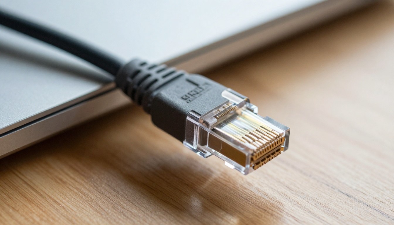 A single ethernet cable plugged into a laptop port, shot in extreme close-up