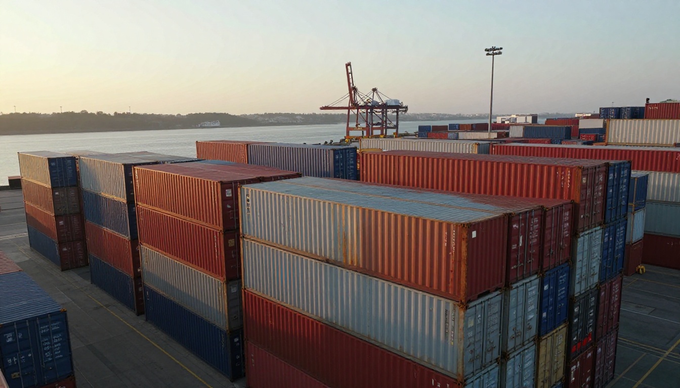 Stacked shipping containers at a seaport at dawn, photographed from above