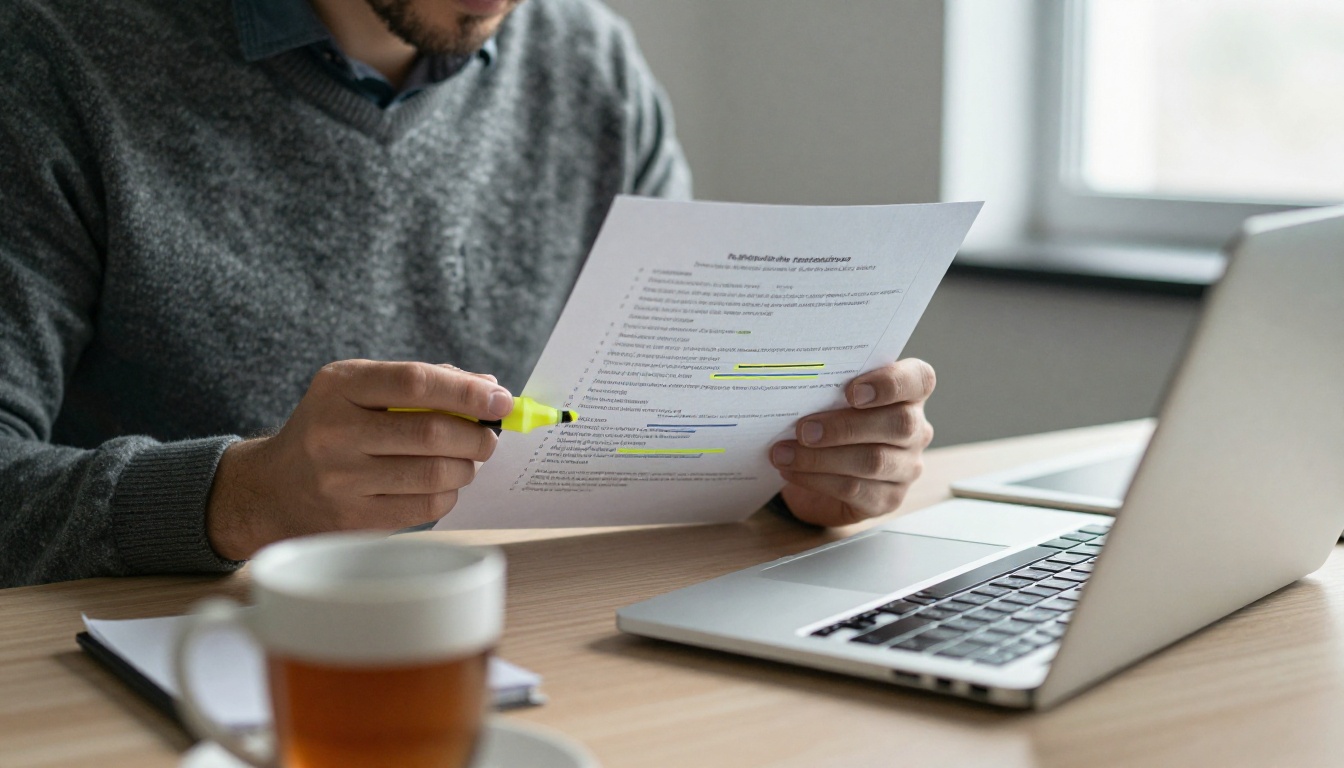 A security engineer highlighting lines on a printed configuration file