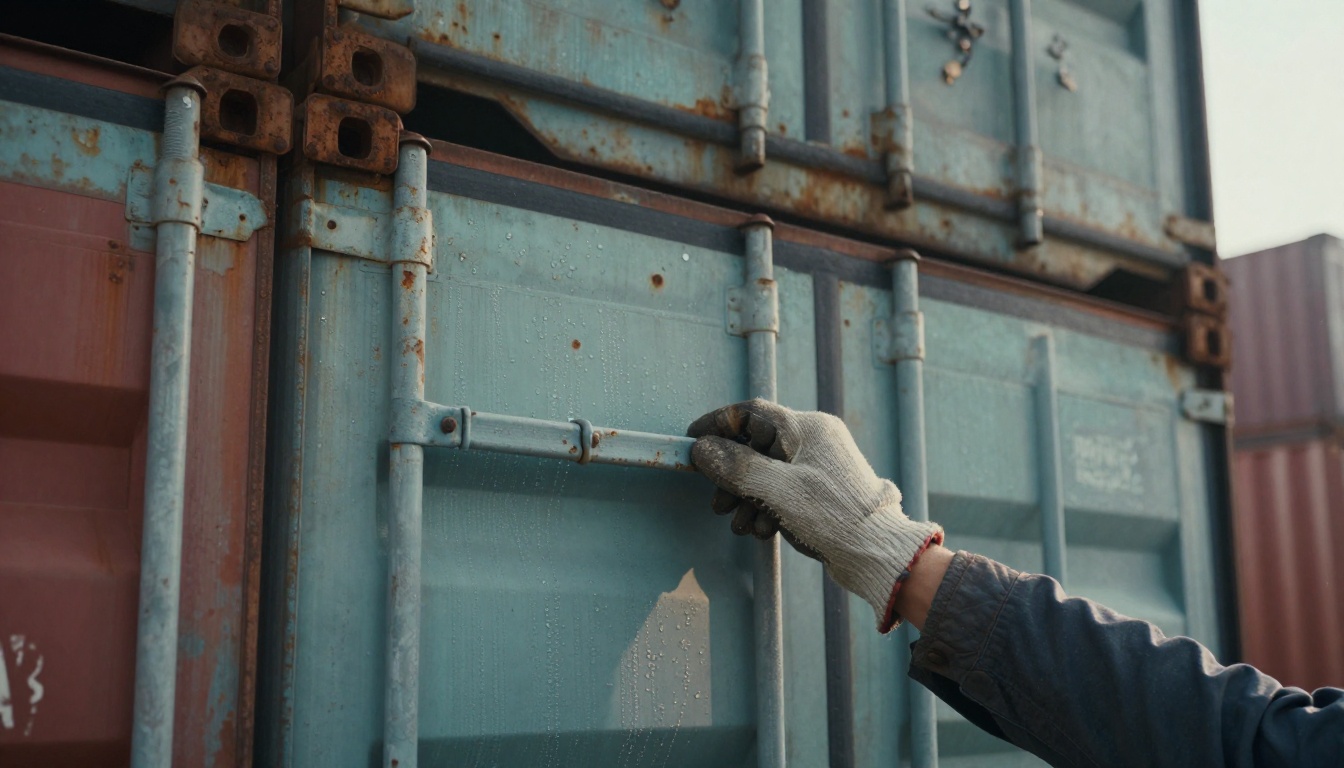 Weathered shipping container door opened by a gloved hand at a quiet dockside at dawn