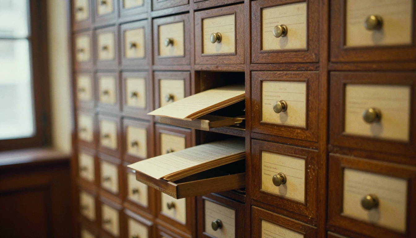 Oak library card catalog cabinet with several drawers pulled open