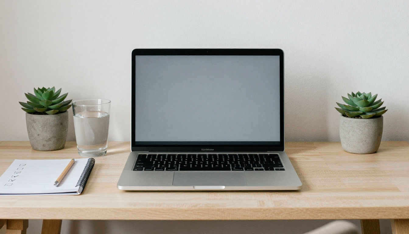 Laptop on a birch desk beside a pencil checklist and a glass of water