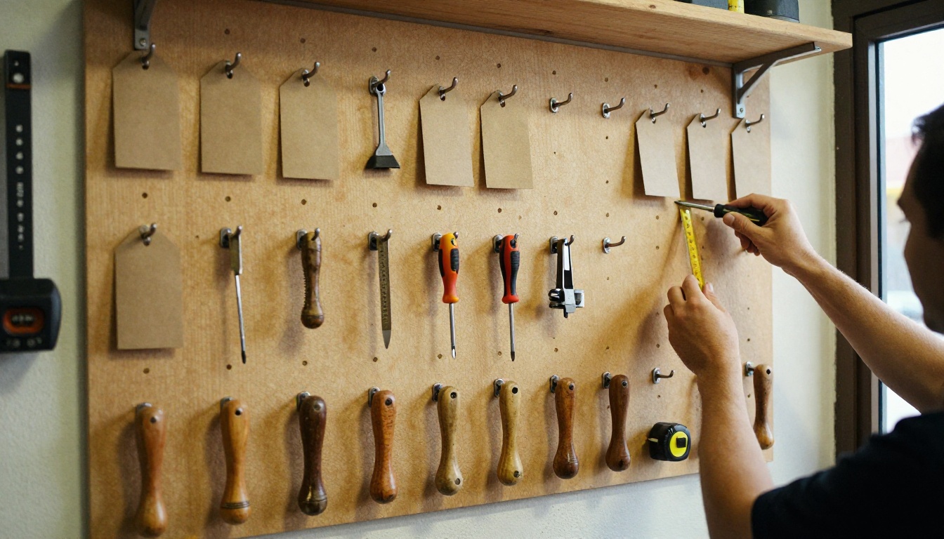 Workshop pegboard with tools hung in three separate zones