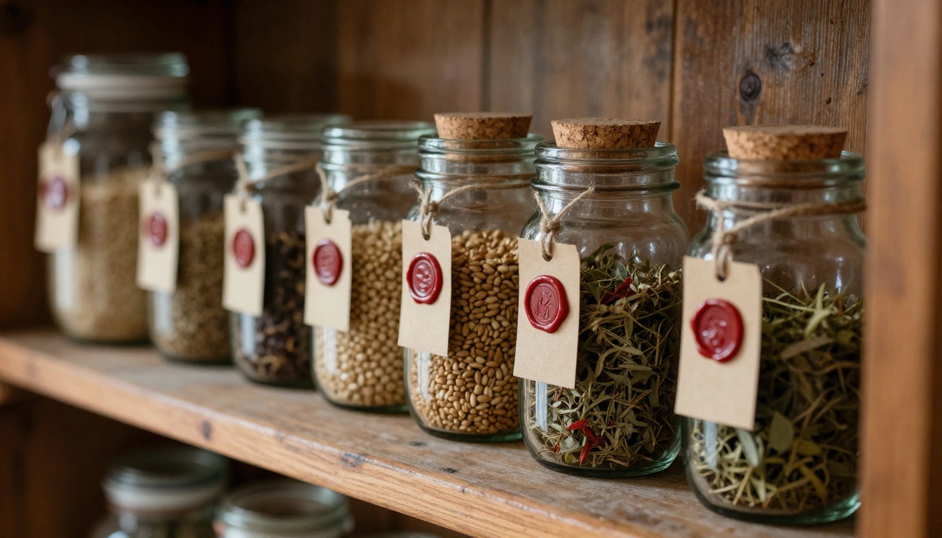 Rustic shelf of glass jars sealed with red wax and paper tags