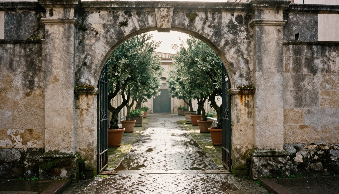 Weathered stone archway with an open iron gate leading to a sunlit courtyard