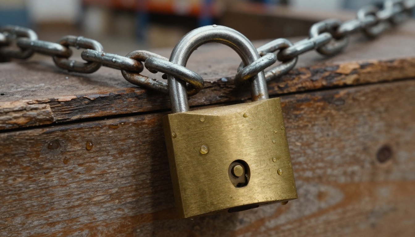 Brass padlock on a steel chain around a wooden crate latch