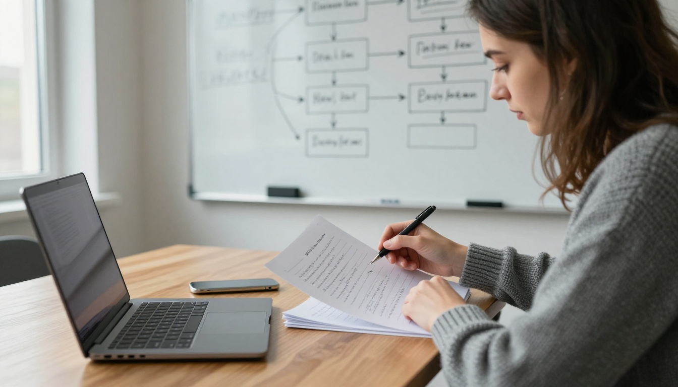 Woman reading printed notes at a wooden table in front of a whiteboard of hand-drawn boxes