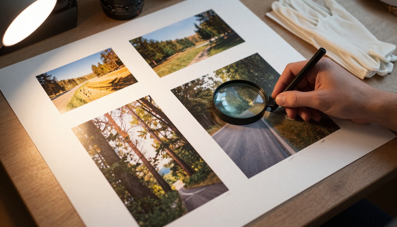 Overhead view of printed photographs spread across a photo editor's light table