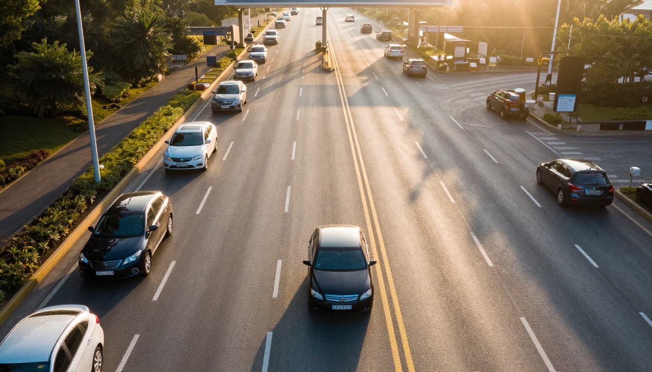 Aerial view of a highway toll plaza with cars queuing in orderly lanes at golden hour