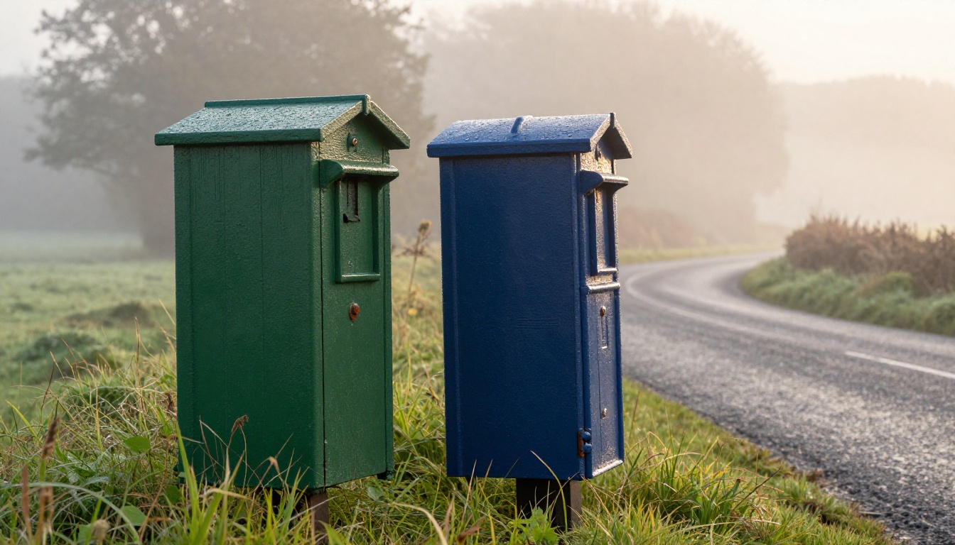 Two weathered wooden post boxes, one green and one navy, standing side by side on a misty country lane at sunrise
