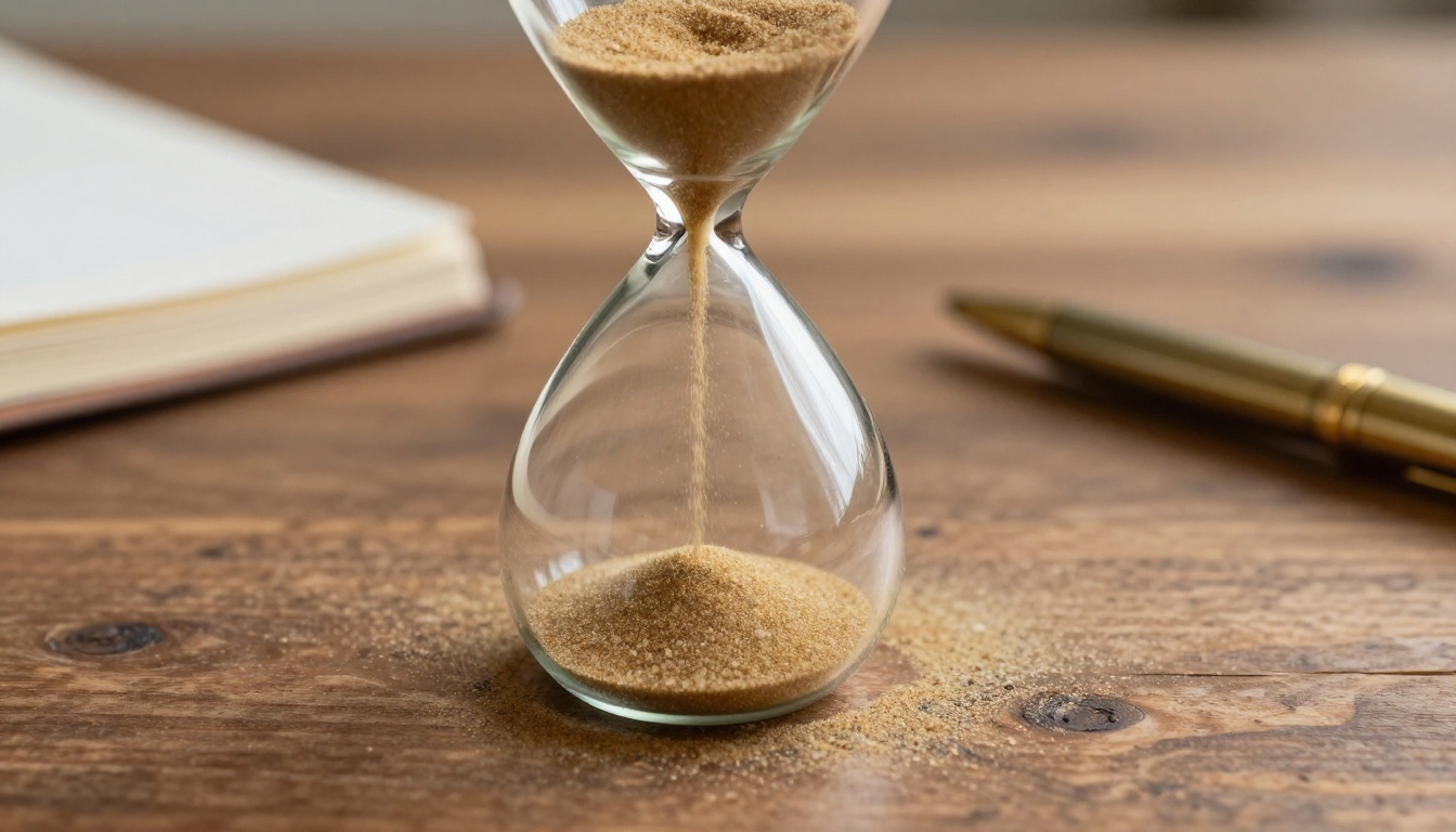 Glass hourglass on a walnut desk with golden sand halfway through its fall