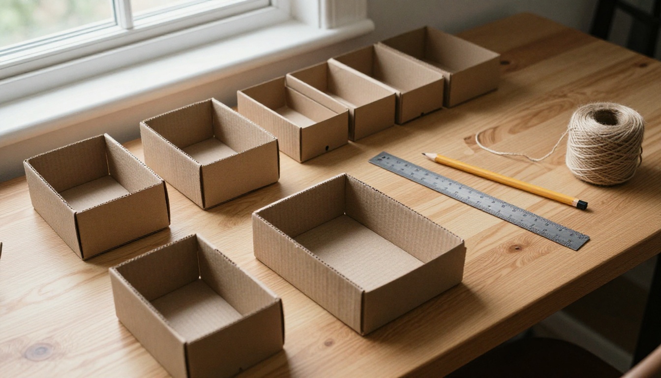 Overhead view of an oak workbench with two neat rows of flat-pack cardboard boxes beside a steel ruler and twine