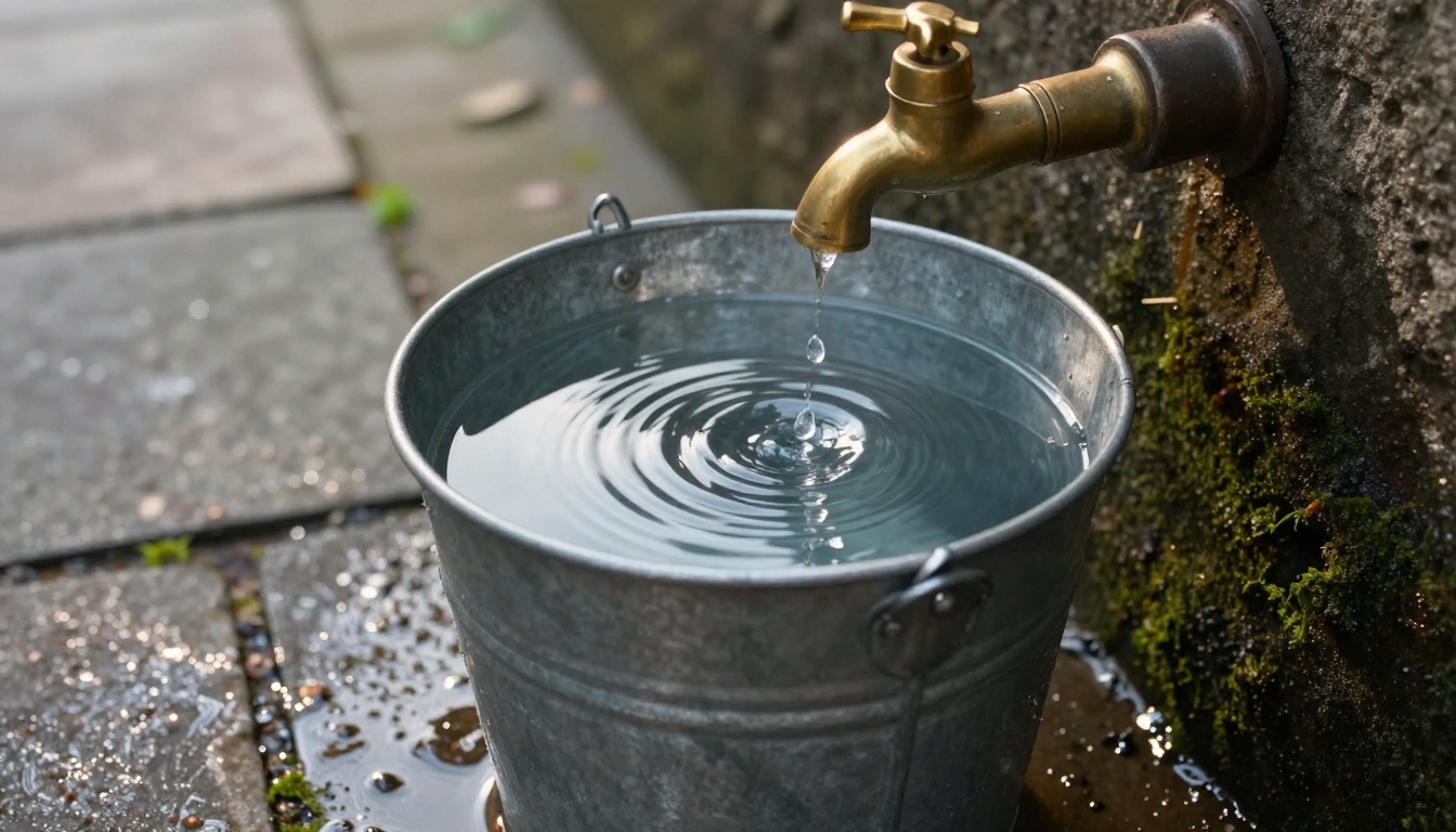 Low-angle view of a galvanized bucket under a dripping brass tap with ripples on the water