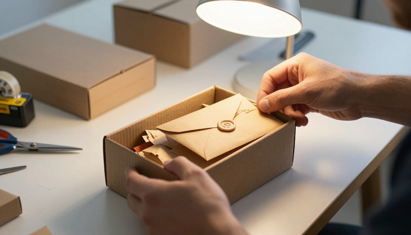 Close-up of hands packing a small cardboard box with kraft paper and a wax-sealed envelope on a workshop table