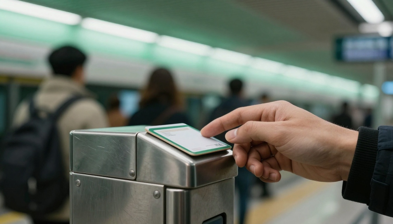 Close-up of a hand tapping a transit card on a stainless steel turnstile reader