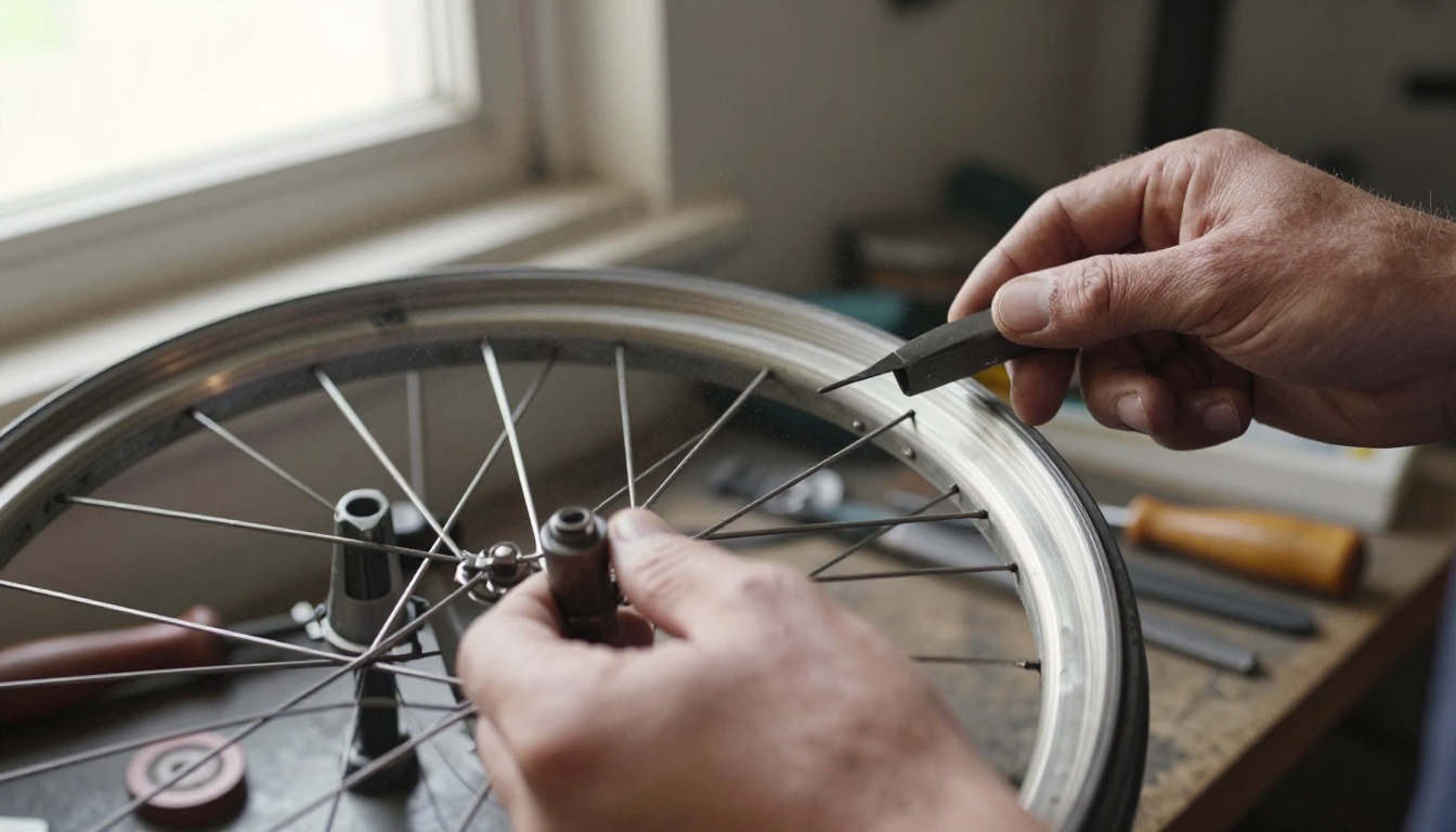Weathered hands truing a steel bicycle wheel in a cycle workshop with spokes radiating across the frame
