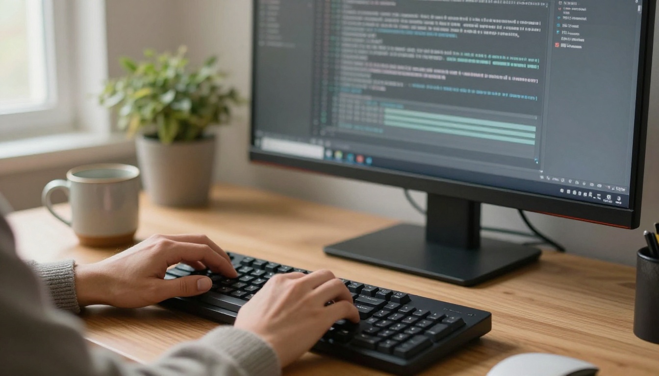 Over-the-shoulder view of a developer typing at a tidy wooden desk with a blurred monitor