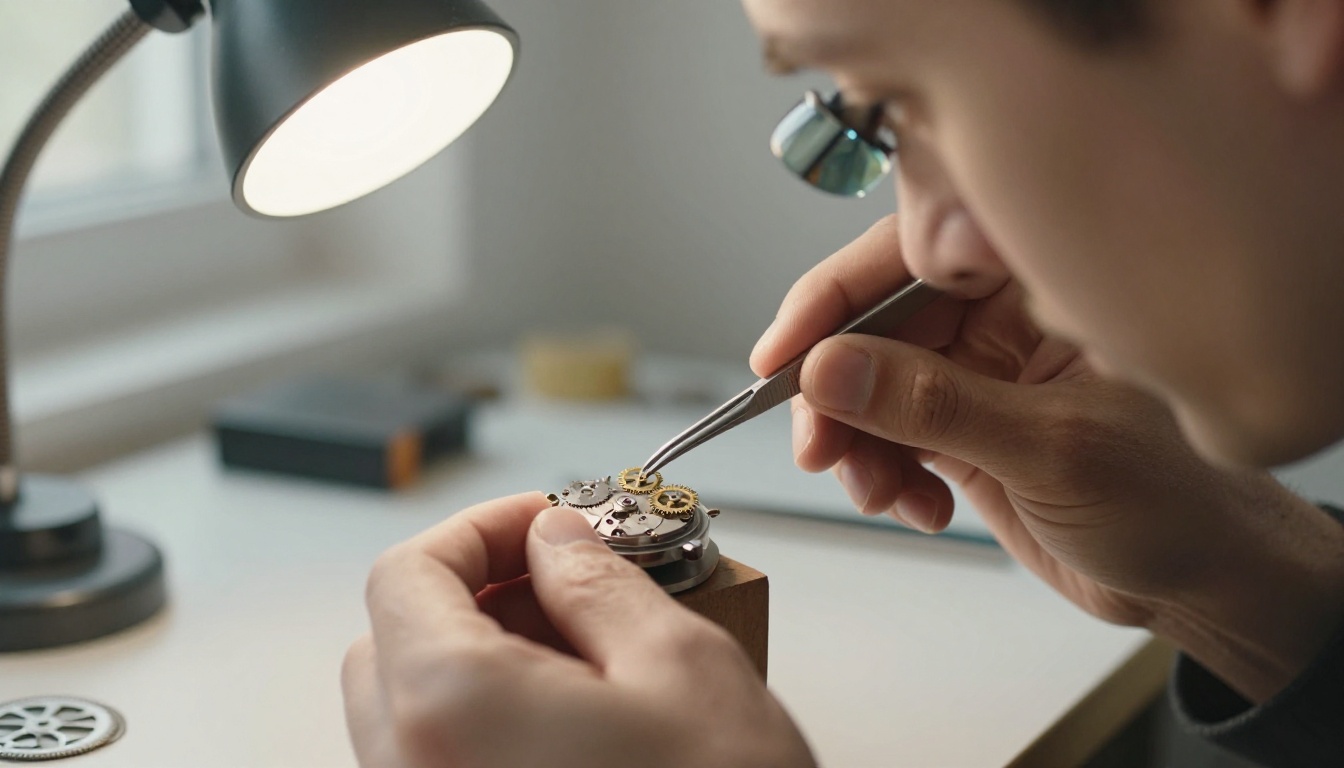 Side profile of a watchmaker inspecting a mechanical movement through a loupe at a workbench