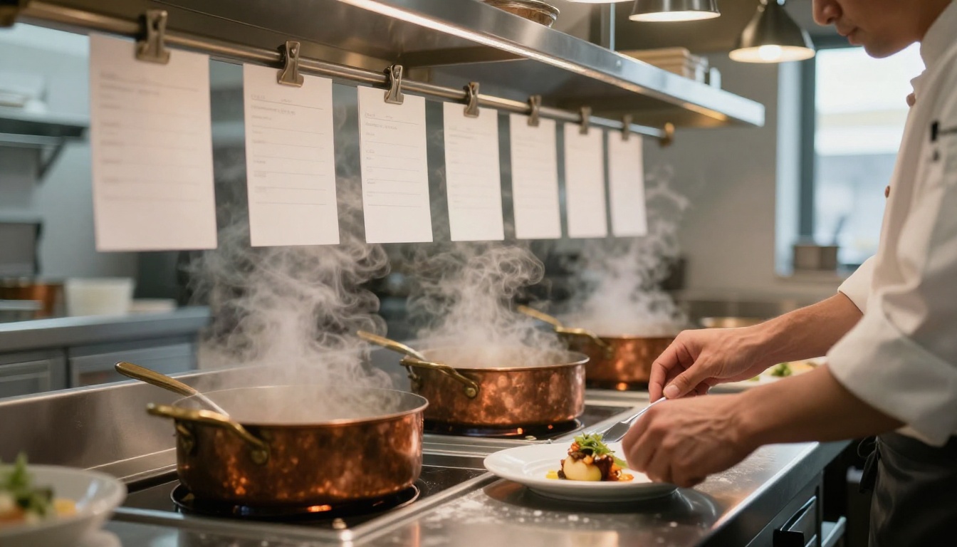 Chef's hands plating a dish at a kitchen pass with blank order tickets hanging on a steel rail