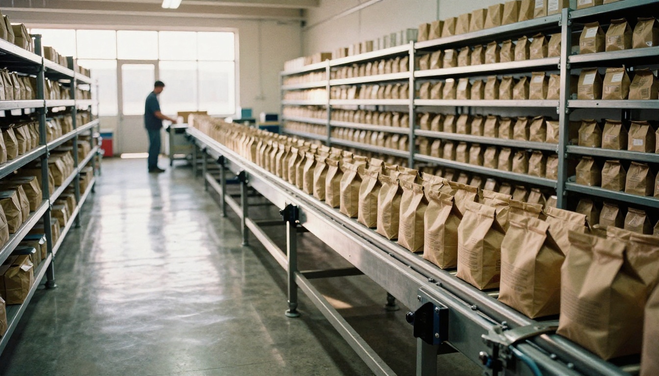 Low-angle view of kraft parcels gliding along a steel roller conveyor toward a loading door in a bright packing room