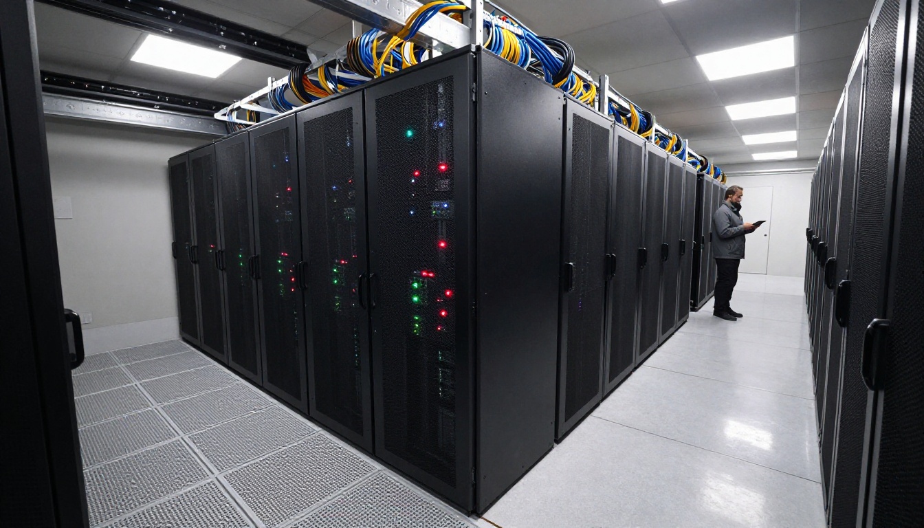 Wide view down an aisle of black server racks in a data center