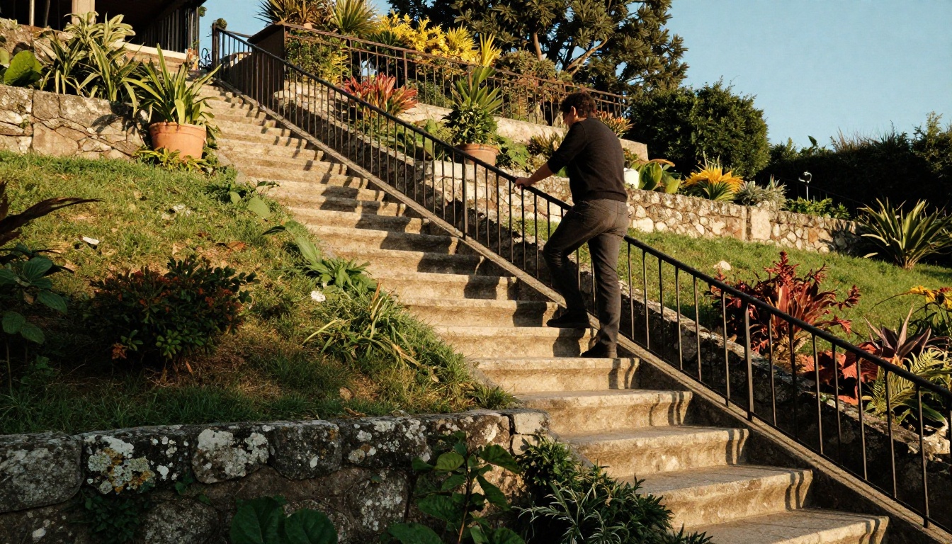 Sunlit stone staircase climbing a terraced hillside garden with three distinct landings