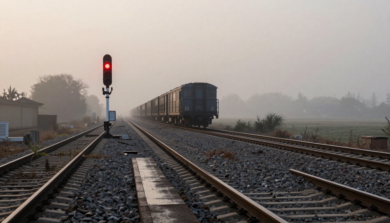 Telephoto view of a red railway signal above empty tracks in early morning mist