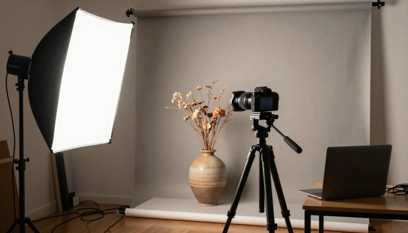 Photography studio with a mirrorless camera on a tripod facing a ceramic vase in front of a grey paper backdrop