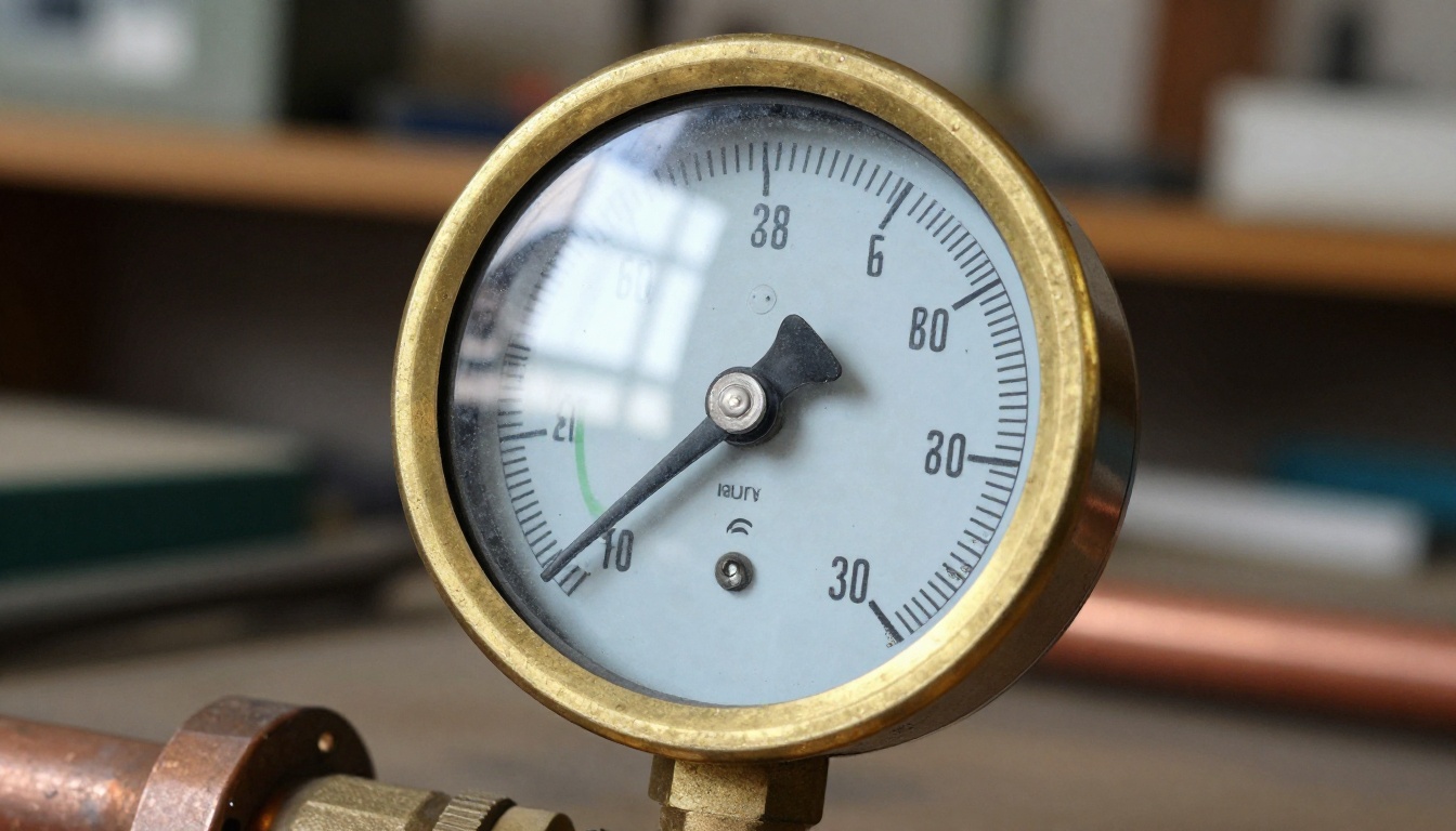 Macro view of a brass pressure gauge with its needle resting in the green zone