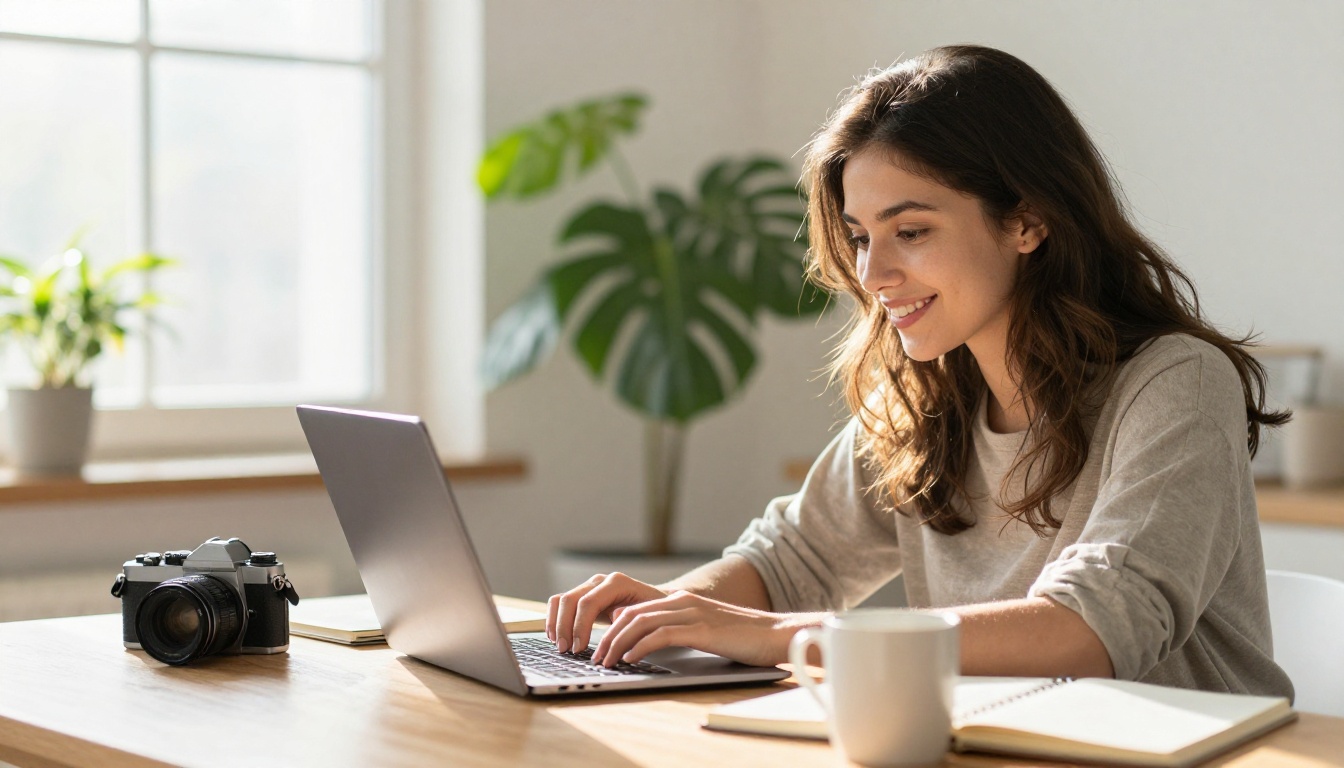 Over-the-shoulder shot of a young woman at a sunlit desk smiling at her laptop beside a sketchbook and a film camera