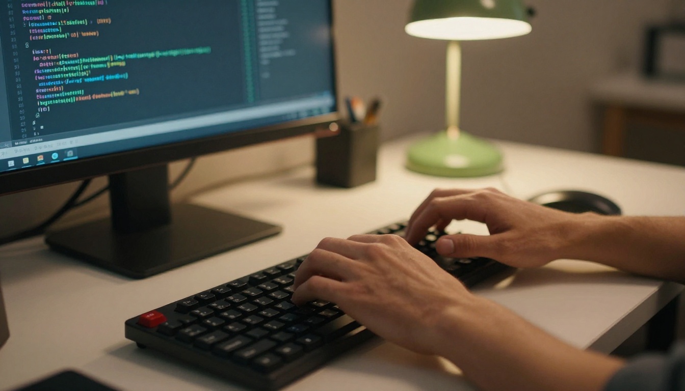 A developer typing at a desk with a code editor softly blurred on the monitor
