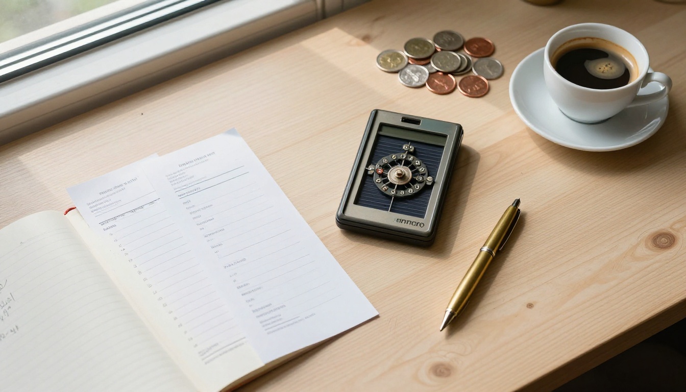 A flat lay of a calculator, receipts, notebook and coins on a wooden table