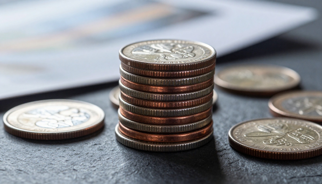 A neat column of stacked copper and silver coins on a slate surface